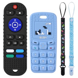 2PCS Silicone Baby Teething Toys, Remote Control Shape Teething Toys and Phone Shape Teething Toys with 2PCS Pacifier Clip, BPA Free Silicone Baby Phone Teether Chew Toy for 3+Months(Black&Blue)