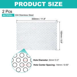 PATIKIL 11.8 x 5.9 Inch 304 Stainless Steel Perforated Sheet 2 Pieces 0.3 Inch Round Hole 20ga Expanded Metal Mesh Plate Sieve Decorative Mesh for Ventilation Grille