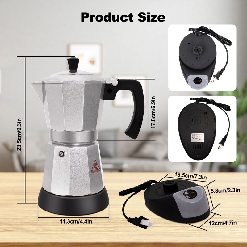 Vaolvpant Electric Aluminum Moka Pot 5-6 Cup 270ml Espresso Maker