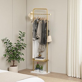 KaKaBB Gold Clothing Rack, Freestanding Coat Rack with Metal Shelves and Natural Marble Base, Small Clothes Stand Organizer for Bedroom, Entryway, Apartment (Gold, 19.7")