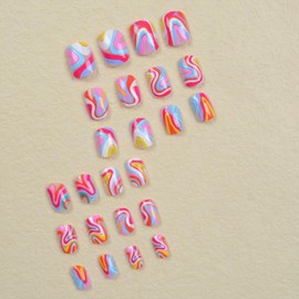 Colorful Stripe Press On Oval Short Fake Nails - Glossy False Nails With Swirl Designs, Full Cover, Reusable, 24Pcs