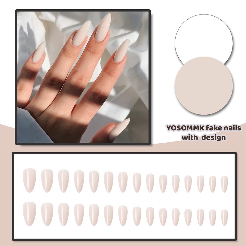 YOSOMMK Cream White Press on Nails Medium Almond Fake Nails