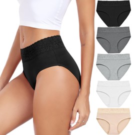 RHYFF Womens Underwear Cotton Hipster Panties Lace Panty Breathable Bikini Underpants Soft Ladies Plus Size Briefs S-3XL(RU6004XL-WhiteGray)