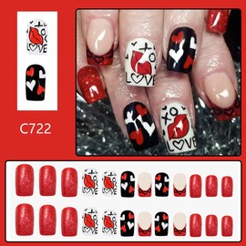 Valentines Press on Nails Short Square Red Glitter Fake Nails French Acrylic Nails Press ons Heart Lips Design Full Cover Black White False Nails Petite Stick on Nails for Women Girls 24 Pcs
