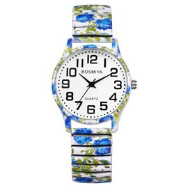 Lancardo Women Stretch Band Watch: Bohemia Flower Elastic Strap Analog Quartz Big Number White Dial Wristwatch Easy to Read Birthday Christmas
