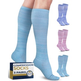 Pembrook Light Compression Socks for Women & Men - 3 Pairs | Compression Socks Women for Travel and Flight | Blue, Teal, Coral (Space Dye)