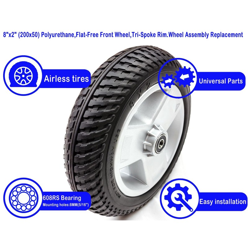 Mobility scooter replacement wheel,8"x2" (200x50) Flat-Free Front Wheel Tri-Spoke Rim