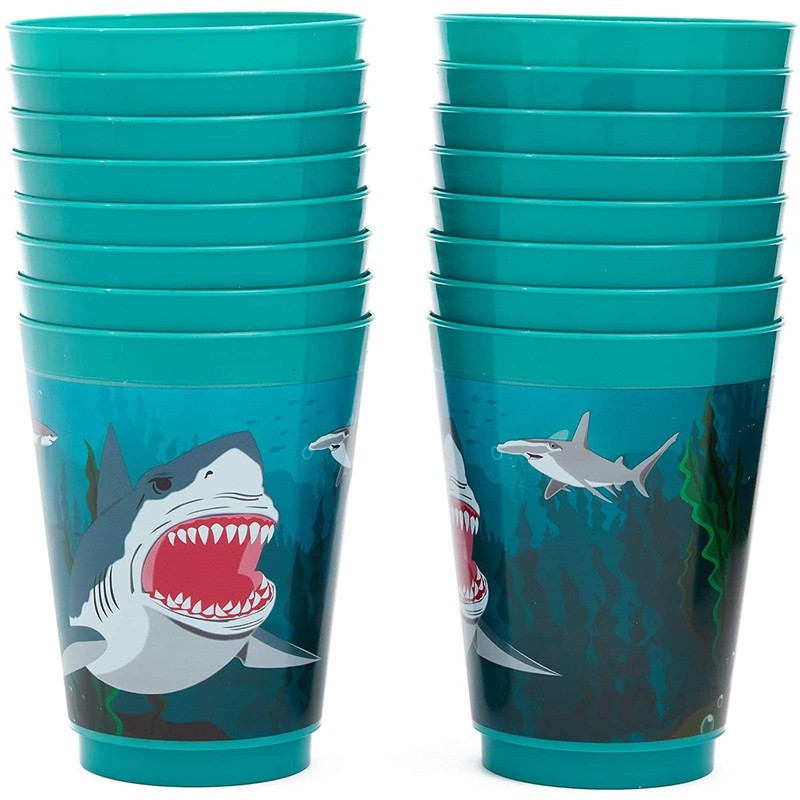 Blue Panda Shark Party Reusable Plastic Cups, 16 Pack