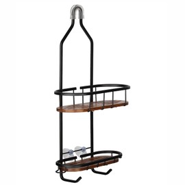 Utopia Alley Tia Rustproof Teak Overhead Shower Caddy with 2 Shelves - Decorative Shower Rack for Shampoo & Toiletries Storage - Includes Shower liner and shower hook, Matte Black Finish