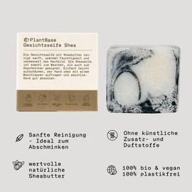 PlantBase Shea Face Soap 80 g, Bar Soap with Shea Butter, Activated Carbon & Essential Oils, Natural Soap Against Oily & Blemished Skin, Handmade in Germany