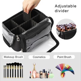 Makeup Brush Case Stand-up Makeup Cup Makeup Brush Holder Travel Professional Cosmetic Bag Artist Storage Bag Extra Large Makeup Bag with Adjustable Divide (01A-Black（X Large）)