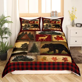 Bear Cabin Plaid Duvet Cover King, Rustic Farmhouse Comforter Cover, Retro Hunting Deer Bedding Set, Country Woodland Pine Tree Bed Cover, Maple Leaf Lodge Decor Quilt Cover, Red Black Brown