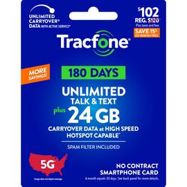 Tracfone $102 Unlimited Talk & Text, 24 GB of Data / 180 Days (Physical Card)