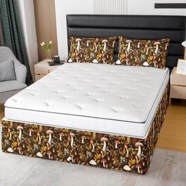 Mushroom Bed Skirt King Size,Leaves Plants Botanical Bedskirt 3pcs for Kids Girls Boys Adults Bedroom Decor,Rustic Farmhouse Country Bed Wrap Bedding,Boho Trippy Fitted Sheet,2 Pillowcases