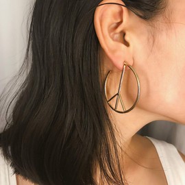 Peace Sign Symbol Geometric Stud Earrings Jewelry Minimalist Big Round Hoop Statement Earrings for Women (Silver)