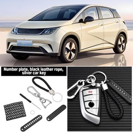 SG Store 2sets Leather Braided Rope Car Key Chain with Phone Number Plate Anti-Lost Horseshoe Buckle for DIY Car Keyring Accessories with Screwdriver, Black