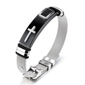 FATACI Holy Cross Bracelet for Men,Stainless Steel Black Vintage Chain Band Bangle Wrist Religious Christian Adjustable Bracelet Jewelry Gifts for Husband Dad Brother