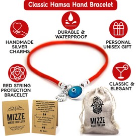 Women's 7" Turkish Blue Evil Eye & Hamsa Hand Silver Charms on Red String - Protection Bracelet - Ojo Turco - Lucky Friendship Jewelry Gift for Women