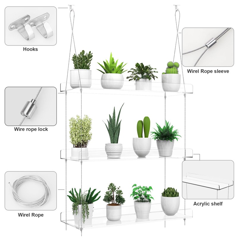 3-Tier Hanging Clear Plant Shelves for Windows, Acrylic Window Wall