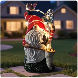 inhildas Solar Powered Gnome Garden Statue with Iron Butterflies - LED Lighted Garden Decorations, Resin Gnome with Butterfly Net, Gifts for Women and Men，Outdoor Decor Ornaments for Outside