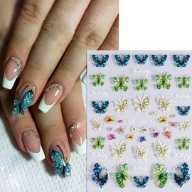 2Pcs Butterfly Nail Stickers 5D Engraved Acrylic Nail Decals Green Blue Butterfly Design Self-Adhesive Nail Transfer Sticker Sliders Wraps Manicure Foils Decoration for Nails Women Nail Art Supplies