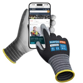 KAYGO Work Gloves PU Coated-12 Pairs KG15P, Nylon Lite Polyurethane Safety Work Gloves with full fingers Touchscreen, Knit Wrist Cuff,Ideal for Light Duty Work (large, Black)