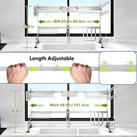romision Over Sink Dish Drainer Drying Rack, 2-Tier Adjustable Length(33.5-40 in) Stainless Steel Dish Rack Over Sink, Above Sink Drying Rack Kitchen, Multifunctional Kitchen Organizers, Sliver