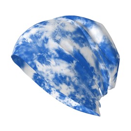 Yilad Tie Dye Blue Beanie Slouchy Chemo Hats, Skull Caps Baggy Headwear for Jogging Cycling Unisex