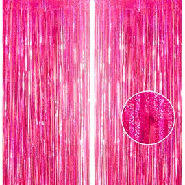 2pcs 3.2 x 8.3ft Glitter Hot Pink Tinsel Curtain Foil Fringe Curtain BackdropParty Streamers Curtain Photo Backdrop Decorations for Birthday School Graduation Hen Girls Party Decorations