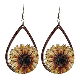 Wooden Earrings Boho Vintage Print Earrings Sunflower Teardrop Dangle Earrings for Women Girls (Brown, One size)