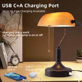 Liylan Vintage Bankers Desk Lamp with Pull Chain Switch, Traditional Desk Lamp with USB A and Type C Charging Port, Oil Rubbed Bronze Table Lamp with Amber Glass Shade for Office, Library, Study Room
