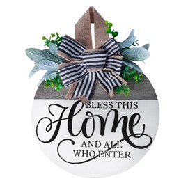 Welcome Sign for Front Door with Artificial Wreaths and Bow Decor Farmhouse 3D White Wooden Hanging Plaque Rustic Porch Door Decoration Round Home Sign Outside for All Seasons 12" x 12" Size