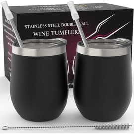 CHILLOUT LIFE Stainless Steel Wine Tumblers 2 Pack 12 oz - Double Wall Vacuum Insulated Wine Cups with Lids and Straws Set for Coffee, Wine, Cocktails (Stainless Steel)