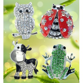 Aqua79 Sparkling Refrigerator Magnet Set Mix – Silver Frog, Owl, Ladybug, Cow Magnets, Sparkly Rhinestone Magnets for Door Fridge, Home Office Novelty Decor - Set of 4 Mixed Magnets
