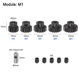 QUARKZMAN M1 Mod1 Sprocket Set 5 mm Shaft 14T 16T 18T 20T 22T Hardened Steel with 3.17 mm Clutch for RC Car (Pack of 5)