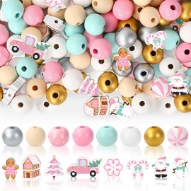 Whaline 220Pcs Christmas Wooden Beads 16 Styles Pink Xmas Pattern Decorative Wood Beads Multi-Color Round Loose Beads for Tried Tray Winter Farmhouse Decor DIY Crafts