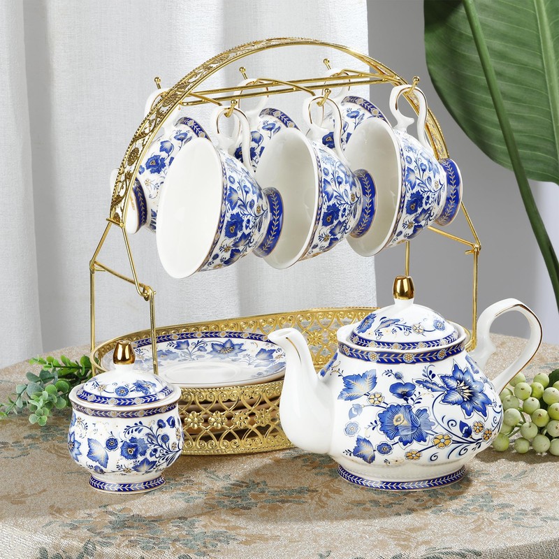 fanquare Porcelain Tea Sets,Blue British Coffee Cups& Saucer Service for