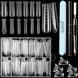 120 Pieces Dual Nail Forms Set Gel Nail Mold Extension Forms Coffin Nail Gel Forms for Acrylic Nails with 12 Sizes Scale and Nail Clips Gel Brush Pen 600/3000 Grit Nail Buffer, Clear