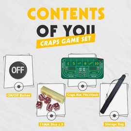 iEsstros Craps Table Top Set Craps Mat 70" x 35" Craps Table Mat Craps Table Top Mat with 5 Craps Casino Craps ON/Off Poker Button Storage Bag Craps Game Layout-Green