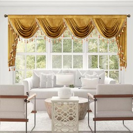 VOGOL Gold Swag Valances for Kitchen Window, Luxury Super Soft Velvet Waterfall Valance Window Curtain with Bead Tassels, Light Filtering Decorative Curtains for Nursery, 110 Inches Wide, 1 Panel