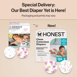 The Honest Company Clean Conscious Diapers for Delicate Skin | Up to 100% Leakproof | Hypoallergenic, Fragrance Free | Girl Prints | Super Club Box, Size 2 (12-18 lbs), 124 Count (Prints May Vary)