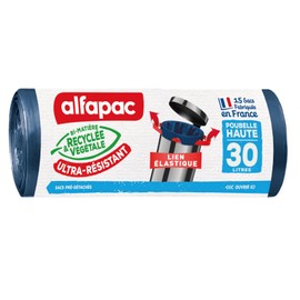 alfapac - 15 Bin Liners 30L High Elastic Heavy Duty 2 Materials Recycled & Vegetable