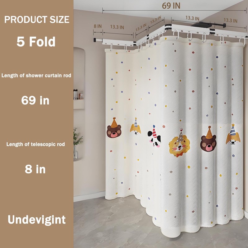 Wall Mount Folding Shower Curtain Rod, 69 Inches (5-Fold), Adjustable