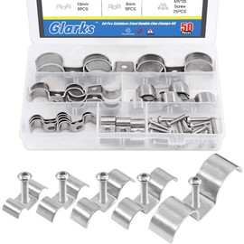 Glarks 50Pcs 5/16" 3/8" 1/2'' 5/8" 1" Stainless Steel Double Line Clamps Fuel Lines Clips with Mounting Screws Assortment Kit for Brake, Fuel Lines and Tubes