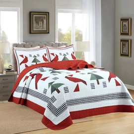 3 Pieces Cardinals Quilt Set Christmas Tree Bedspread Set for All Season,Soft Geometric Coverlet Reversible Bedding Set with 2 Matching Pillow Shams