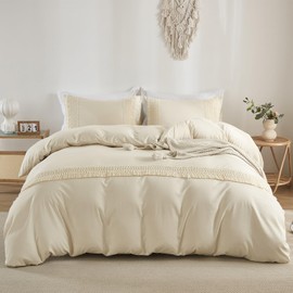 WONGS BEDDING Beige Duvet Cover Set King Bohemian Tassle Bedding Set Soft Washed Microfiber with Zipper Closure