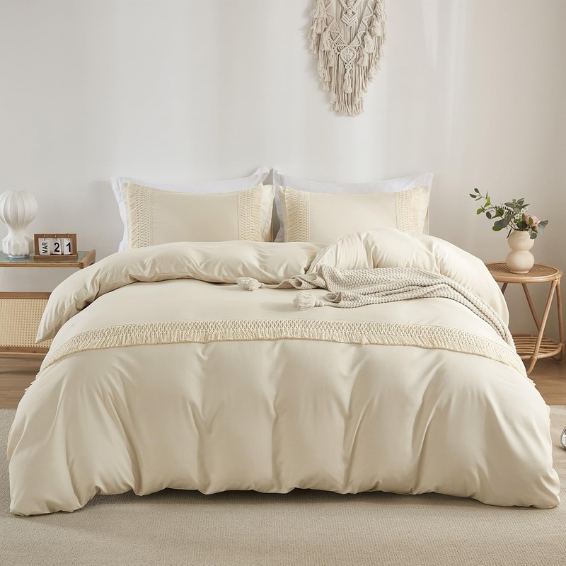 WONGS BEDDING Beige Duvet Cover Set King Bohemian Tassle Bedding