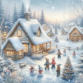 20 Servietten Weihnachten Weiße Winterstadt mit Kinder als Tischdeko. Papierservietten mit Motiv. Auch für Decoupage und Serviettentechnik 33x33cm