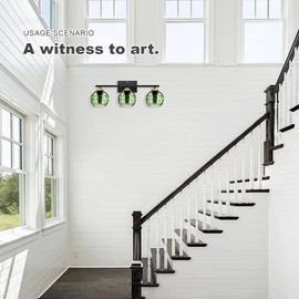 Qepeety Glass Bathroom Vanity Light Matte Black Mid Century Wall Light Fixtures 3-Light 23.6 Inch Green Globe Glass Shade Indoor Green Glass Wall Sconce for Bedroom Hallway Bedside