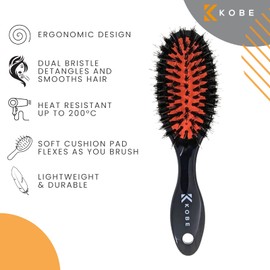 Kobe K80 Series Professional Dual-Bristle Cushion Paddle Brush - Boar Bristle Hair Brush - Smoothing Hair Brush for Blow Dry, Detangling & Straightening (Small)